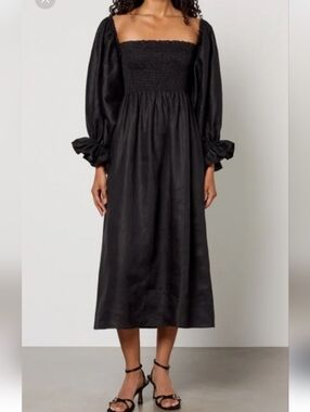 Sleeper Atlanta Black Smocked Linen Midi Dress with Puff Sleeves Size L